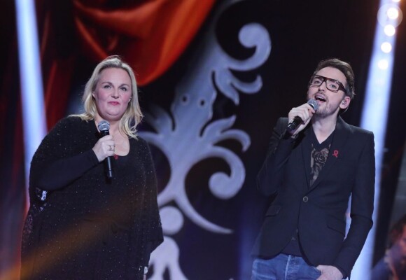 EXCLU - Valérie Damidot et Christophe Willem le 22 mars 2013 lors de l'enregistrement de l'émission "Toute la télé chante pour le Sidaction" au Théâtre Marigny qui sera diffusée sur France 2, le 6 avril 2013