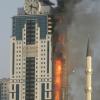 Le gratte-ciel de 145 mètres dans lequel se trouvait le supposé appartement de Gérard Depardieu offert par le président tchétchène Ramzan Kadyrov a brûlé le 3 avril 2013 à Grozny.