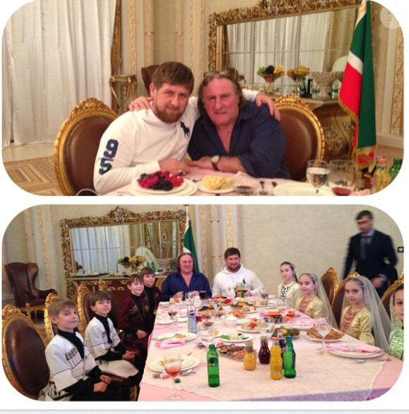 Gérard Depardieu reçu à Grozny par le président tchétchène Ramzan Kadyrov, le 24 février 2013, pour un dîner de gala dans sa résidence.