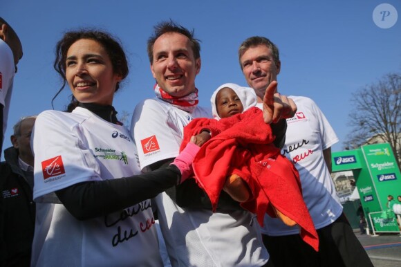 Aïda Touihri, Jean-Philippe Doux et Philippe Caroit au marathon de Paris le dimanche 7 avril 2013 pour courir sous les couleurs de Mécénat Chirurgie Cardiaque