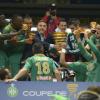 La joie de l'ASSE, qui soulève son premier trophée depuis 1981 après avoir remporté au Stade de France le 20 avril 2013 la finale de la Coupe de la Ligue 2013 aux dépens de Rennes, 1 à 0, but de Brandao.