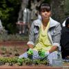 Michelle Obama plante des légumes dans le potager de la Maison Blanche. La First Lady était comme toujours entourée d'élèves. Washington le 4 avril 2013.