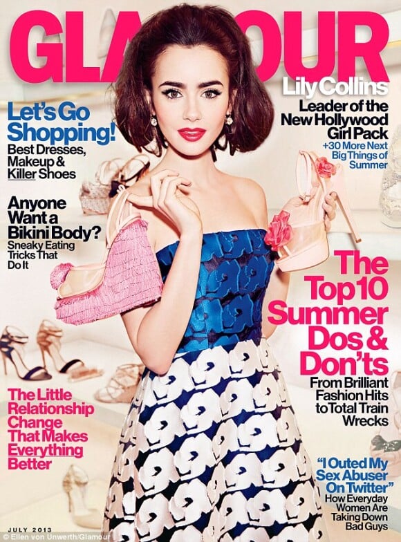 Lily Collins, la fille de Phil Collins, fait la couverture du magazine Glamour, daté du mois de juillet 2013.
