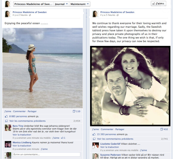 Capture d'écran de la page Facebook de la princesse Madeleine de Suède, le 14 juin 2013, alors que des photos volées de sa lune de miel avec Chris O'Neill, six jours après leur mariage, ont été le même jour publiées par le tabloïd Expressen.