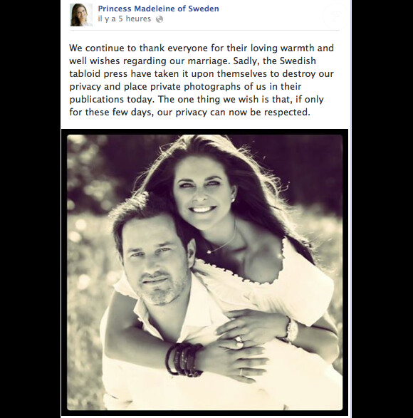 La princesse Madeleine de Suède, choquée, a réagi via sa page Facebook à la publication de photos d'elle et de son mari Chris O'Neill en maillot main dans la main lors de sa lune de miel sur une plage des Seychelles par le tabloïd Expressen, le 14 juin 2013, six jours après leur mariage.