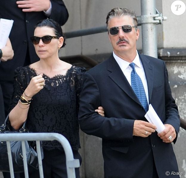 Julianna Margulies et Chris Noth émus après les funérailles de James Gandolfini à la cathédrale Saint John The Divine à New York, le 27 juin 2013.