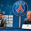 Laurent Blanc au côté de son président Nasser Al-Khelaifi lors de la conférence de presse de présentation au poste d'entraîneur du PSG le 27 juin au Parc des Princes à Paris
