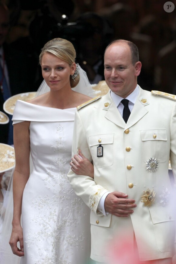 Albert de Monaco lors de son mariage avec Charlène Wittstock à la sortie de la chapelle Sainte-Devote, après la cérémonie religieuse, le 2 juillet 2011.
