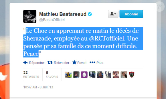 La réaction de Mathieu Bastareaud au décès de la jeune Shéhérazade, "la voix" du Racing Club de Toulon tragiquement disparue dans un accident de la route dans la nuit du 6 au 7 juillet 2013