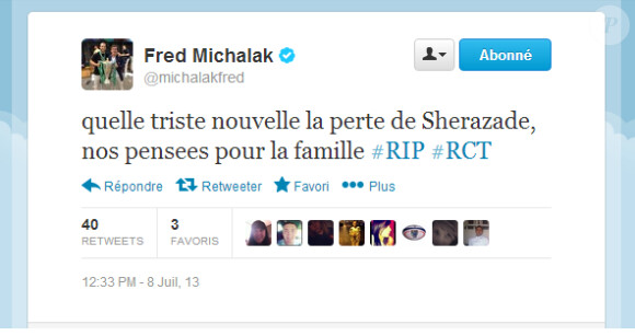 La réaction de Frédéric Michalak au décès de la jeune Shéhérazade, "la voix" du Racing Club de Toulon tragiquement disparue dans un accident de la route dans la nuit du 6 au 7 juillet 2013