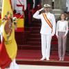 Le prince Felipe et la princesse Letizia d'Espagne à l'Académie militaire navale de Pontevedra pour la prestation de serment des jeunes diplômés, le 16 juillet 2013