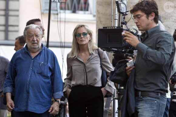 Sharon Stone et Pupi Avati sur le tournage du film Un ragazzo d'oro à Rome, le 18 juillet 2013.