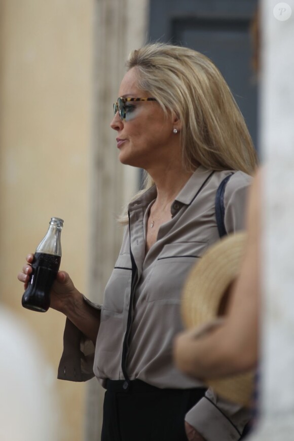 Sharon Stone se rafraîchit sur le tournage du film Un ragazzo d'oro à Rome, le 18 juillet 2013.