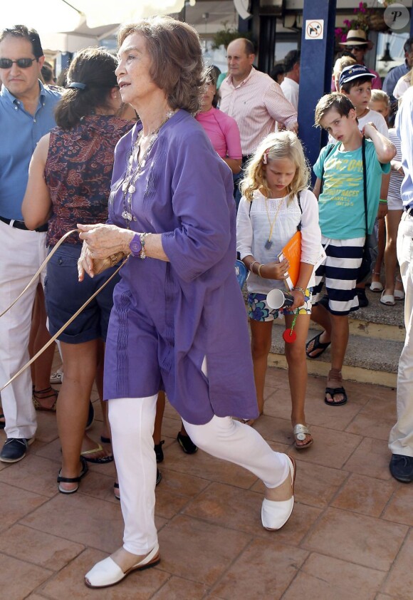 La reine Sofia d'Espagne à Majorque, Espagne, le 2 août 2013.