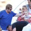 Exclusif - Le chanteur Elton John, son mari David Furnish, et leurs deux fils Elijah et Zachary, sur leur yacht, pour rentrer à Nice apres une journée à Saint-Tropez, le 22 août 2013.