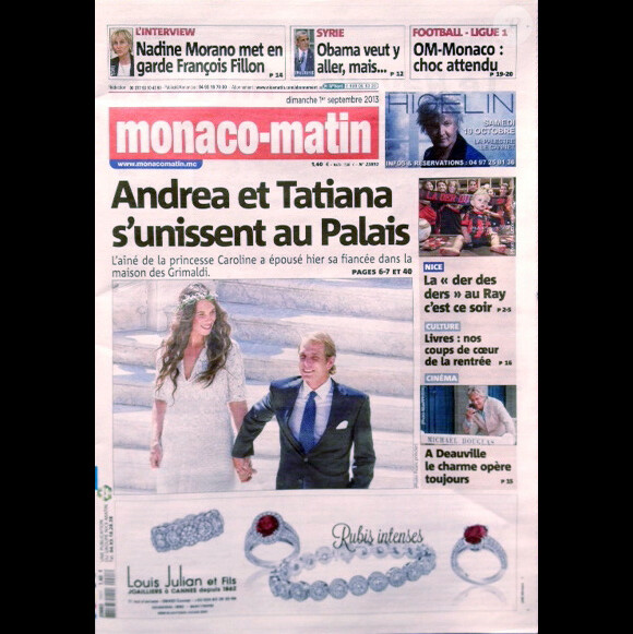 Le quotidien Monaco Matin dévoile une photo du mariage d'Andrea Casiraghi avec Tatiana Santo Domingo, noce qui s'est déroulée le 31 août 2013 à Monaco