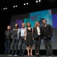 Le jury Alexandre Astier, Julie Gayet, Marie Bunel, Xavier Deluc, Alex Jaffray et Alexandre Laurent lors de la cérémonie d'ouverture du 15e Festival de la Fiction Tv de La Rochelle. Le 11 septembre 2013.