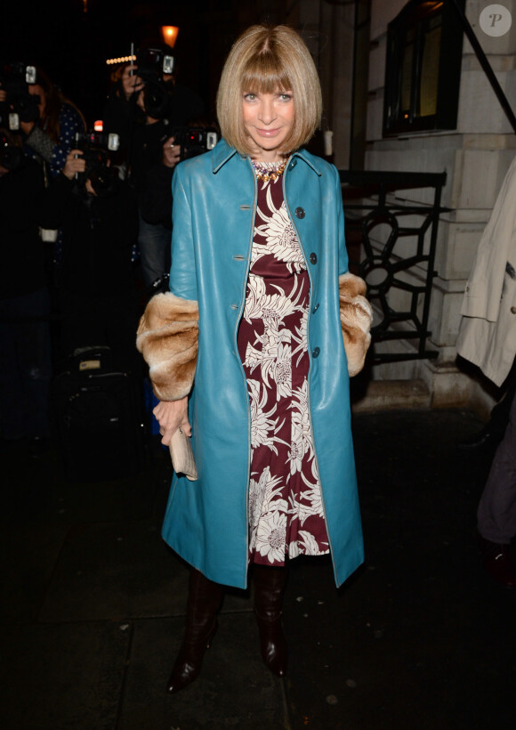 Anna Wintour arrive au restaurant Balthazar à Londres, pour assister au dîner organisé par le magazine Vogue, célébrant la Fashion Week. Le 15 septembre 2013.