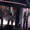Exclusif - Dany Brillant, Roch Voisine et Damien Sargue chantent "La belle Vie", de Scha Distel sur le plateau de l'émission "Hier encore", présentée par Charles Aznavour et Virginie Guilhaume, à l'Olympia, le 6 septembre 2013.