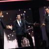 Exclusif - Dany Brillant, Roch Voisine et Damien Sargue chantent "La belle Vie", de Scha Distel sur le plateau de l'émission "Hier encore", présentée par Charles Aznavour et Virginie Guilhaume, à l'Olympia, le 6 septembre 2013.