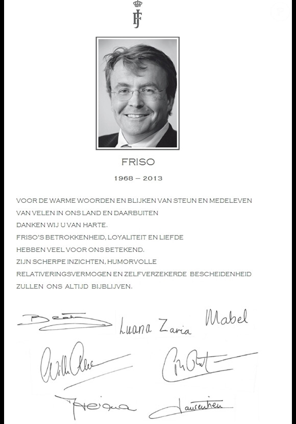 Message de remerciements, publié le 5 septembre 2013, de la famille royale néerlandaise après les obsèques du prince Friso.