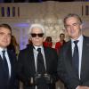 Alexandre de Juniac, Karl Lagerfeld, Frédéric Gagey à la soirée des 80 ans d'Air France, à Paris, le 7 octobre 2013.