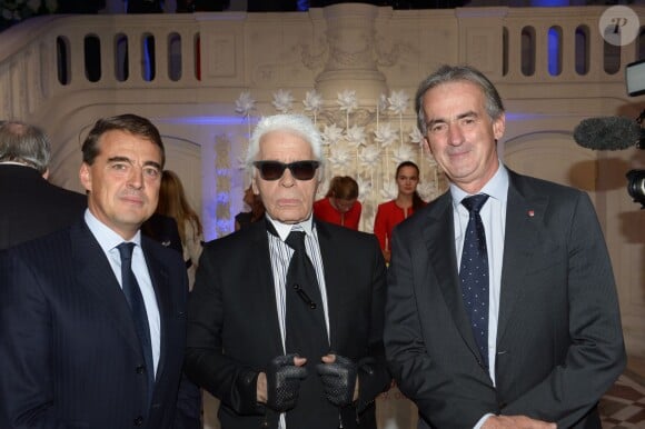 Alexandre de Juniac, Karl Lagerfeld, Frédéric Gagey à la soirée des 80 ans d'Air France, à Paris, le 7 octobre 2013.