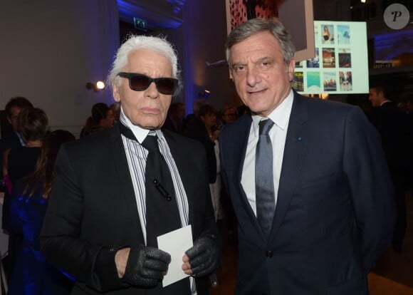 Karl Lagerfeld et Sydney Toledano à la soirée des 80 ans d'Air France, à Paris, le 7 octobre 2013.