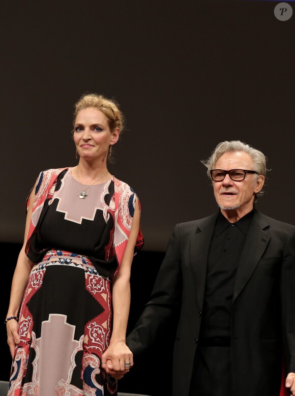 Uma Thurman et Harvey Keitel  - Remise du Prix Lumière à Quentin Tarantino lors du Festival Lumière à Lyon le 18 octobre 2013.