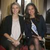 Sylvie Tellier, enceinte de cinq mois, et Marine Lorphelin, Miss France 2013 : rayonnantes lors du lancement de la ligne de parfum Inessance Miss France, au Fouquets le 5 novembre 2013