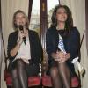 Sylvie Tellier, enceinte de cinq mois, et Marine Lorphelin, Miss France 2013, lors du lancement de la ligne de parfum Inessance Miss France, au Fouquets le 5 novembre 2013