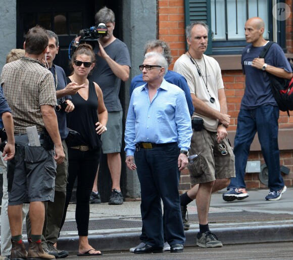 Martin Scorsese et son équipe sur le tournage d'une publicité pour Dolce & Gabbana à New York, le 13 juillet 2013.