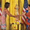 La First Lady américaine Michelle Obama a eu droit à un cours de danse façon Bollywood lors d'une fête pour Diwali, à la Maison-Blanche, le 5 novembre 2013.