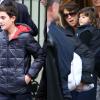Les fils de Céline Dion et René Angélil, René-Charles, Nelson et Eddy, sortent de leur hôtel parisien, le 13 novembre 2013.