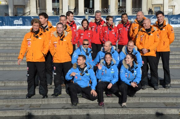 Les trois équipes qui participeront au trek organisé par l'association Walking With The Wounded au Pôle Sud à Trafalgar Square à Londres le 14 novembre 2013