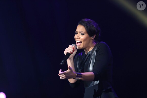 Exclusif - La chanteuse Zaho lors de l'enregistrement de l'émission "La nouvelle génération chante Goldman" au Palais des Sports, qui sera diffusée sur TMC le 4 decembre 2013.