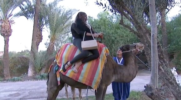 Nabilla fait la connaissance de dromadaires pendant le tournage au Maroc de sa télé-réalité Allô Nabilla.