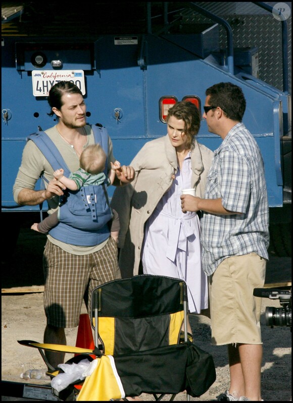 Keri Russell et son mari Shane Deary sur le tournage du fim "Bedtime Stories" avec Adam Sandler, à Los Angeles le 11 mars 2008.