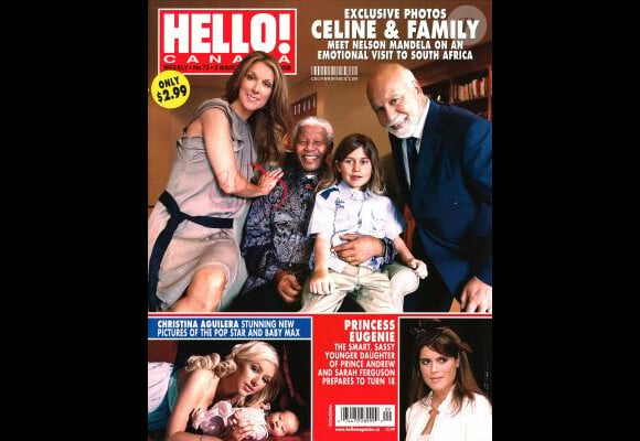 Céline Dion en famille avec Nelson Mandela, en 2008 - couverture du magazine Hello, édition canadienne