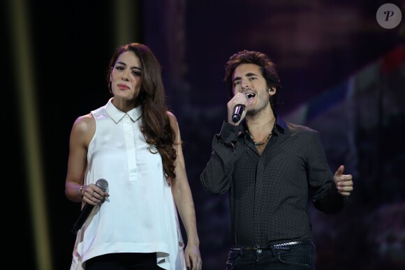 Exclusif - Sofia Essaidi et Mickael Miro Enregistrement de l'émission "La nouvelle génération chante Goldman" au Palais des Sports, le 26 novembre 2013.