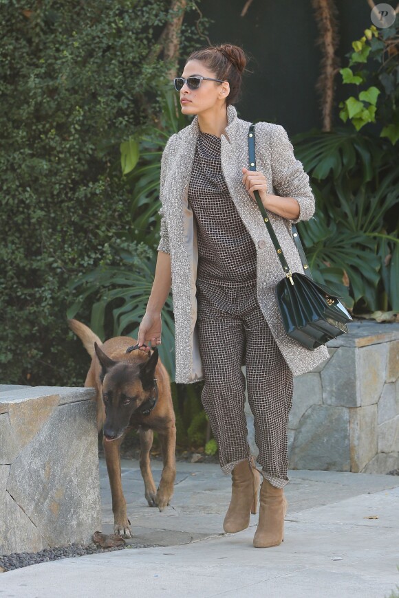 Eva Mendes et son chien Hugo à Los Angeles. Le 28 octobre 2013.