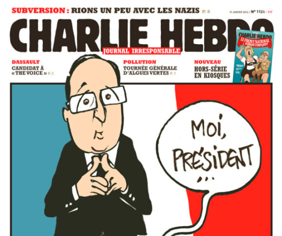 Le président François Hollande vu par Luz en couverture de "Charlie Hebdo", en kiosques le 15 janvier 2013.