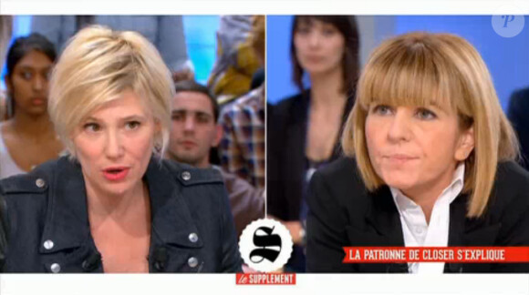 Laurence Pieau et Maïtena Biraben sur le plateau du Supplément sur Canal+, le dimanche 19 janvier 2014.