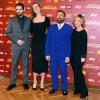 La sublime Eva Herzigova entourée de Tomaso Trussardi et Alberta Ferretti participent au lancement de "Project Runway Italia"  à Milan. Le 4 février 2014