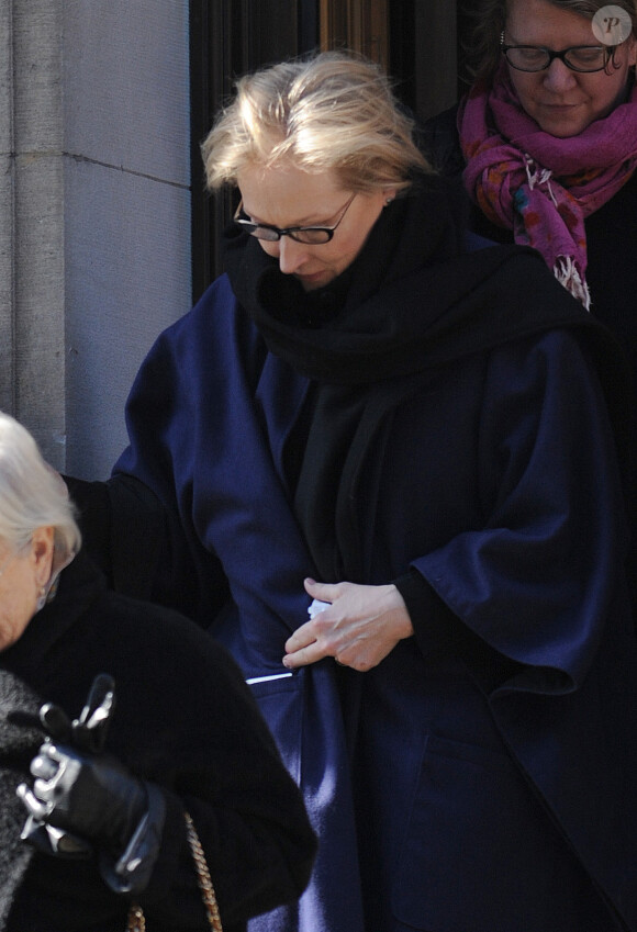 Meryl Streep lors des obsèques de l'acteur Philip Seymour Hoffman en l’église St. Ignatius de Loyola à New York, le 7 février 2014. Philip Seymour Hoffman est mort le 2 février 2014.