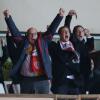 Dmitri Rybolovlev, le prince Albert II de Monaco, devant la princesse Charlene, Pierre Casiraghi et Gad Elmaleh explosent de joie au moment de l'égalisation monégasque, lors du match ASM - PSG au Stade Louis-II le 9 février 2014, qui s'est soldé sur un match nul (1-1).