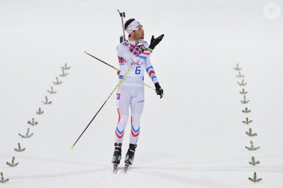 Martin Fourcade au Laura Cross-Country and Biathlon Centre à Krasnaya Polyana, le 10 février 2014 lors des Jeux olympiques de Sotchi, le 10 février 2014, lors de sa victoire en poursuite