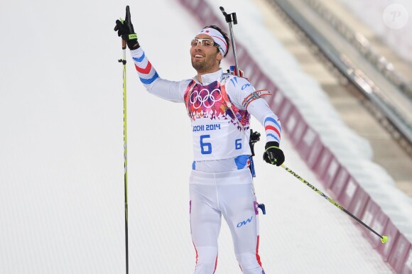 Martin Fourcade au Laura Cross-Country and Biathlon Centre à Krasnaya Polyana, le 10 février 2014 lors des Jeux olympiques de Sotchi, le 10 février 2014, lors de sa victoire en poursuite
