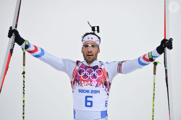 Martin Fourcade au Laura Cross-Country and Biathlon Centre à Krasnaya Polyana, le 10 février 2014 lors des Jeux olympiques de Sotchi, le 10 février 2014, lors de sa victoire en poursuite