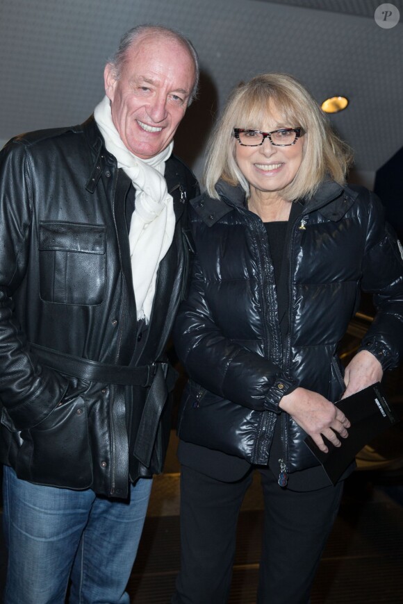 Mireille Darc et son mari Pascal Desprez - Arrivées à la première du film "Monuments Men" à l'UGC Normandie à Paris le 12 février 2014.